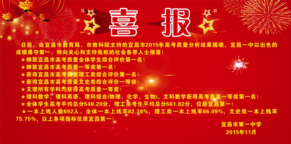 热烈祝贺我校勇夺宜昌市2015年高考第一